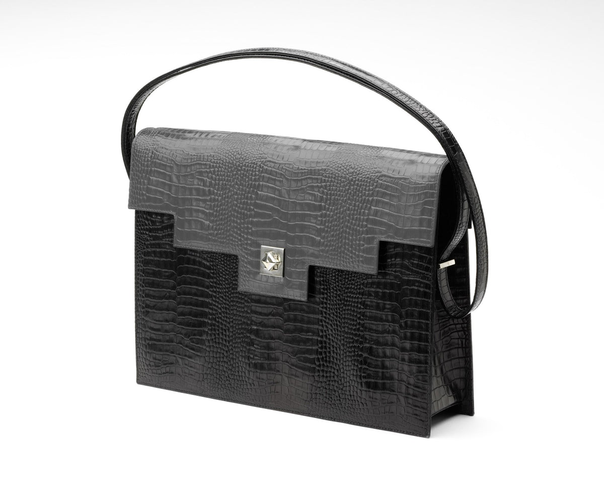 Quoin Briefcase - Black Croc with Grey Flap