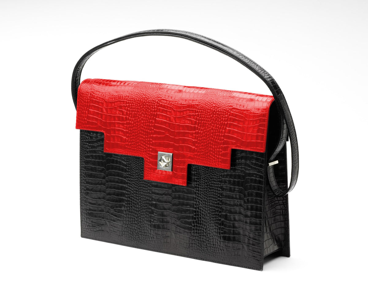 Quoin Briefcase - Black Croc with Red Flap