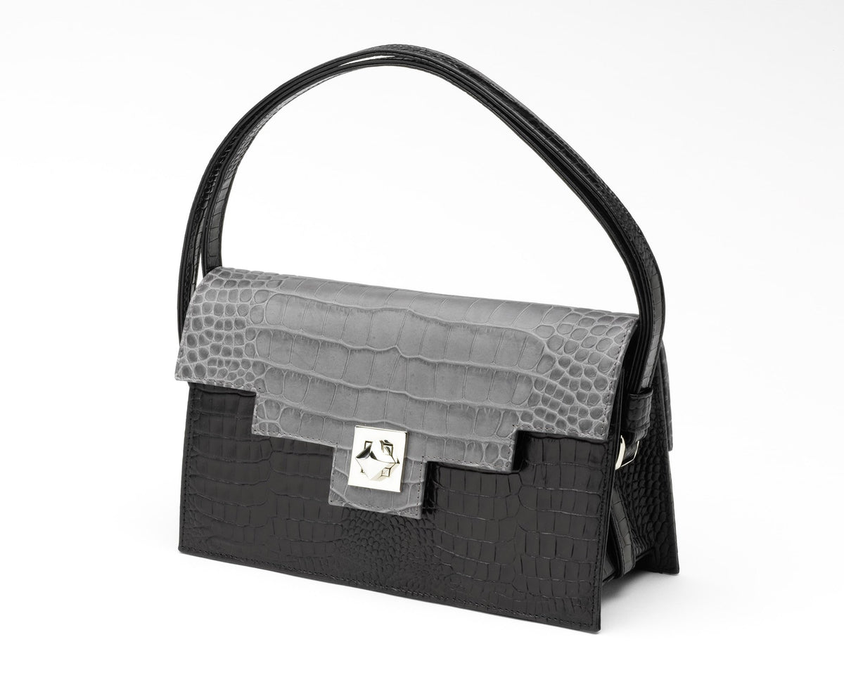 Quoin Handbag - Black Croc with Grey Flap