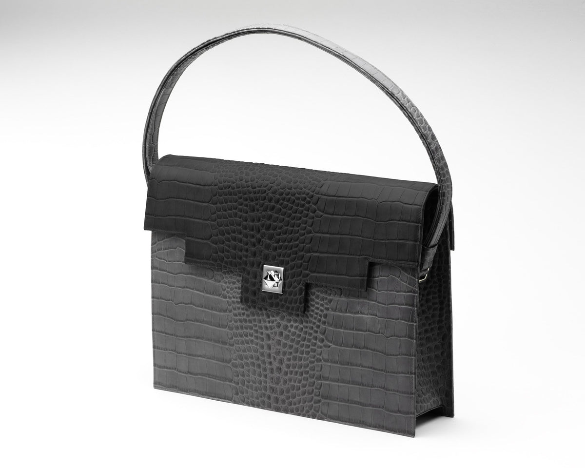 Quoin Briefcase - Grey Croc with Black Flap