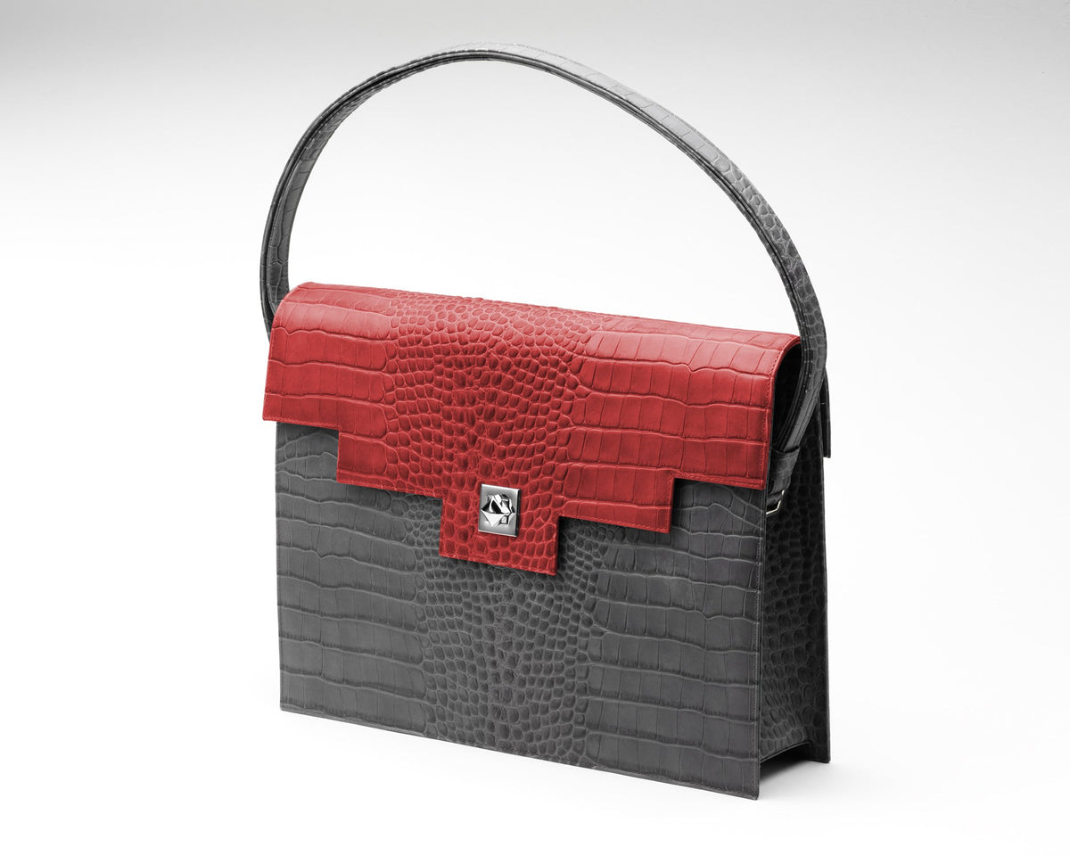 Quoin Briefcase - Grey Croc with Red Flap