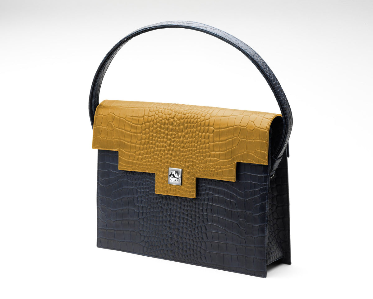 Quoin Briefcase - Navy Croc with Tan Flap