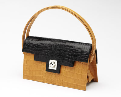 Quoin Medium Handbag in Tan with Black Flap