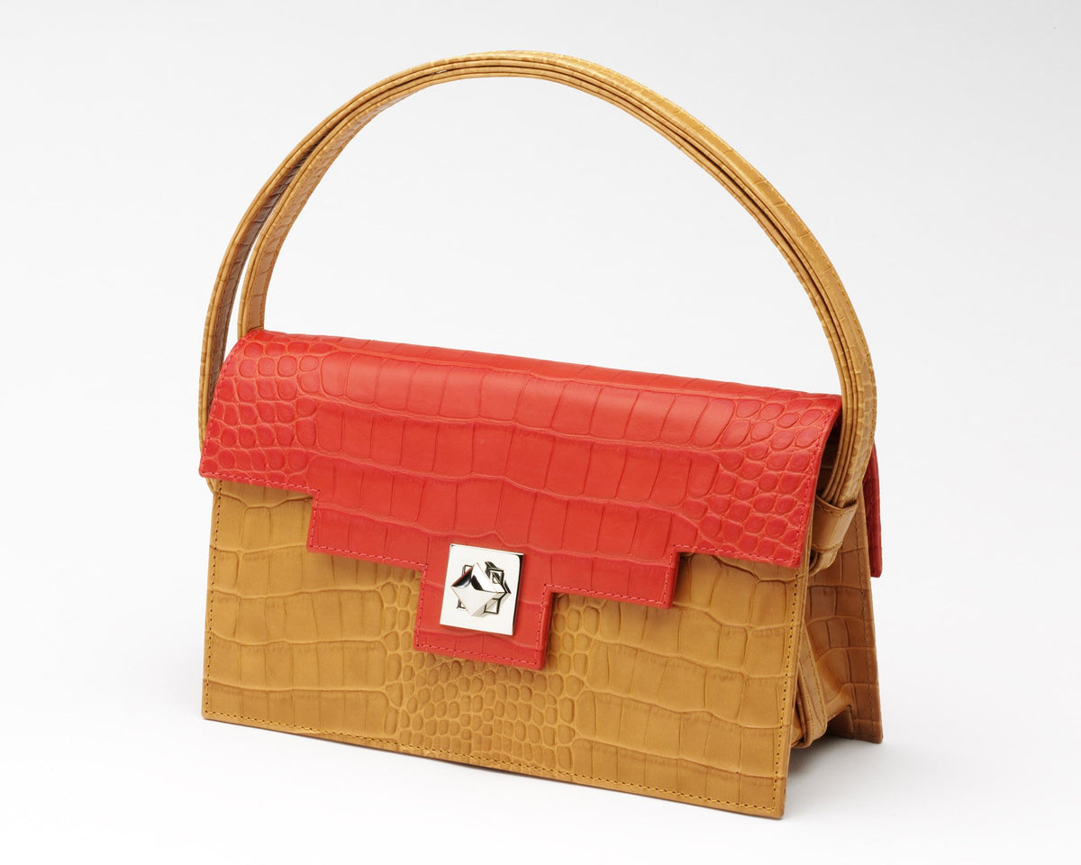 Quoin Medium Handbag in Tan with Red Flap