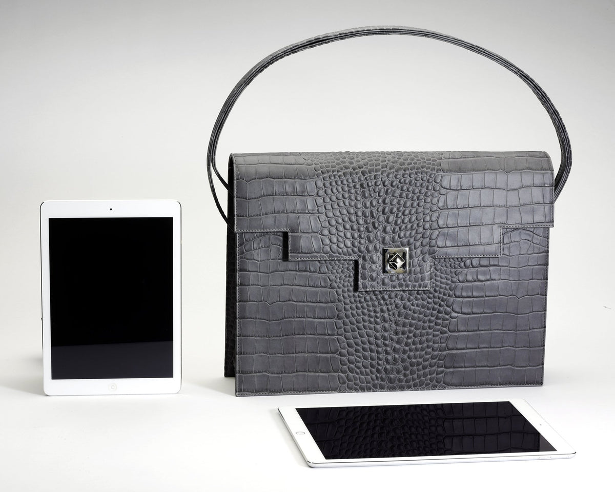 Quoin Briefcase - Grey Croc with additional Flap